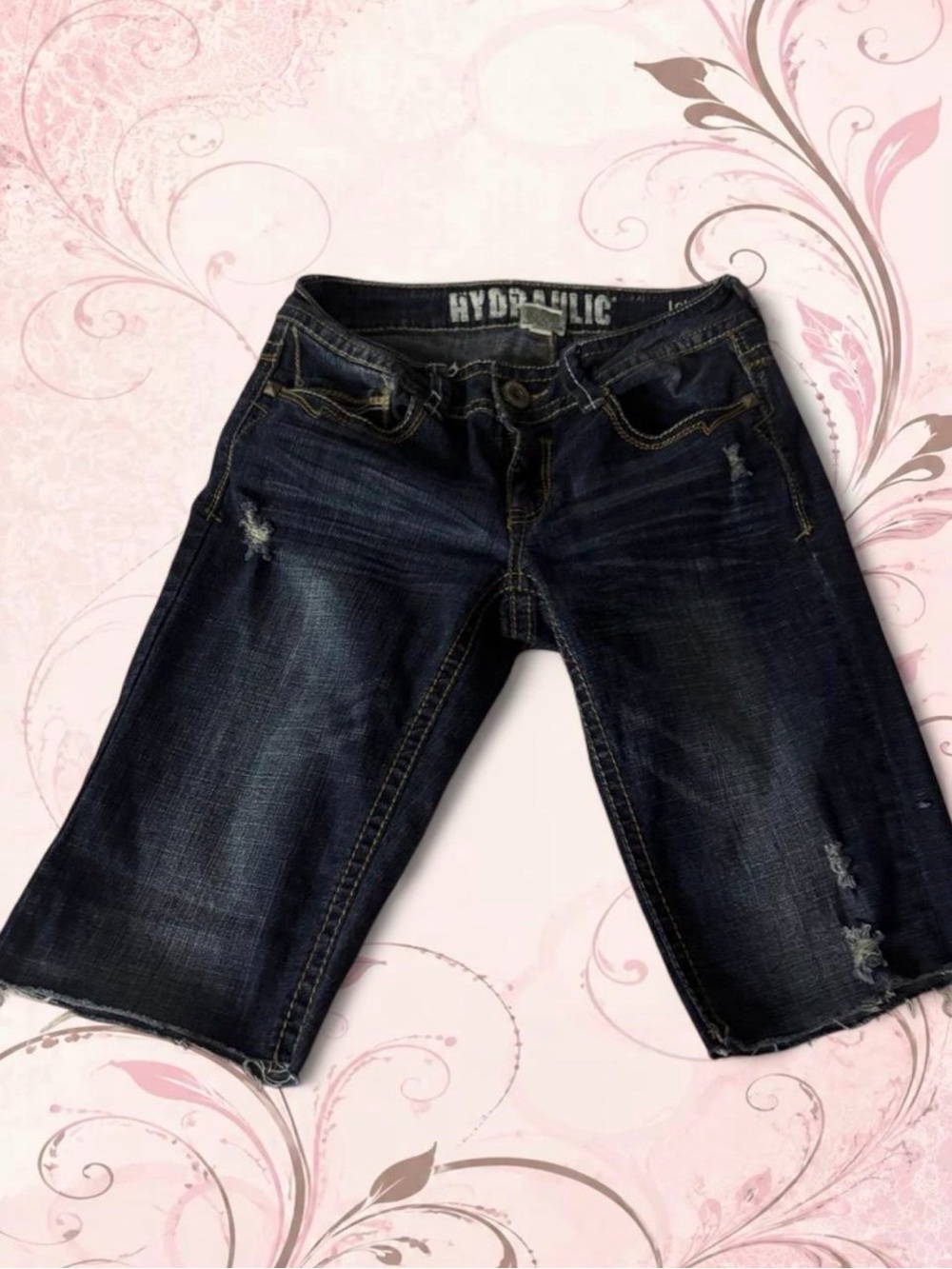 Hydraulic Dark Blue Distressed Cropped Denim Shorts